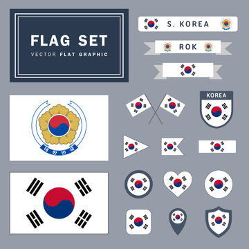 Vector set collection of 16 different South Korea flag related illustrations with different shapes for many uses
