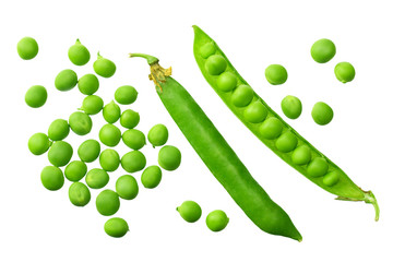 fresh green peas isolated on a white background. top view