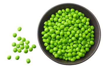 fresh green peas in a black plate isolated on white background. top view