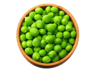 fresh green peas in a wooden plate isolated on a white background. top view