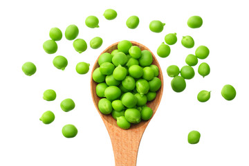 fresh green peas in a wooden spoon isolated on a white background. top view
