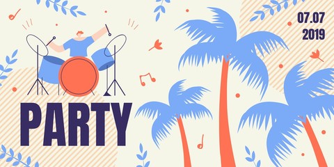 Naklejka premium Banner with Artist Drummer Playing on Drums, Flyer