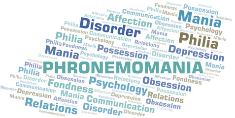 Phronemomania word cloud. Type of mania, made with text only.