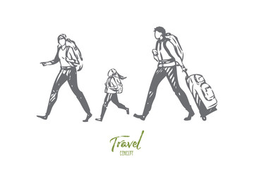 Travel on foot concept sketch. Isolated vector illustration