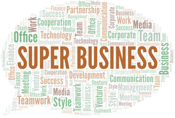 Super Business word cloud. Collage made with text only.
