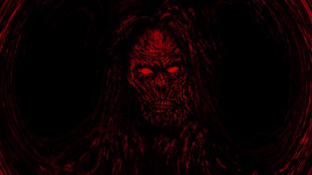 Scary red zombie face emerging from darkness with whirl effect. Animation in genre of horror. 