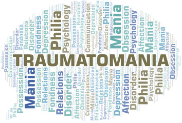 Traumatomania word cloud. Type of mania, made with text only.