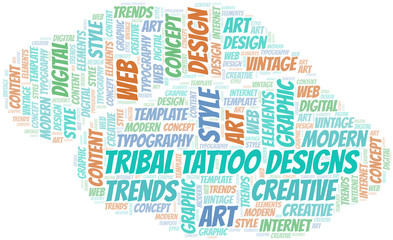 Obraz premium Tribal Tattoo Designs word cloud. Wordcloud made with text only.