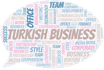 Turkish Business word cloud. Collage made with text only.
