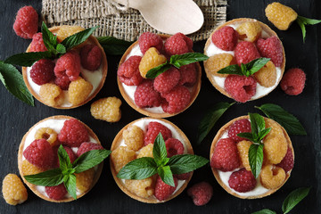 Tartlets with raspberries and greek yogurt. Healthy summer dessert. Keto dessert Keto diet