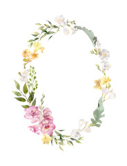 Watercolor flowers and leaves arranged in wreath