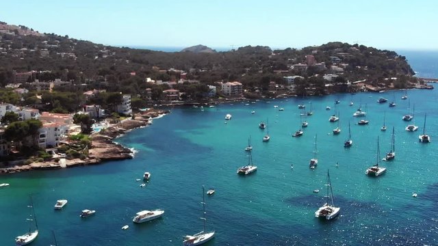 Aerial view of many yacht moored in the coast of Mallorca.