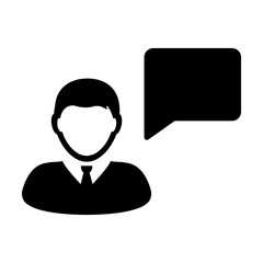 Information icon vector male person profile avatar with speech bubble symbol for discussion and information in flat color glyph pictogram illustration
