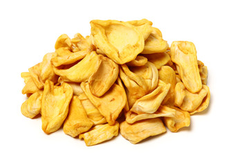 Close up of a pile of dried jackfruit chips isolated on white background