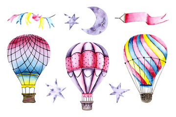 Set of watercolor air balloons, flags, moon, stars. Colorful illustration isolated on white. Hand painted elements perfect for wallpaper, fabric textile, interior design, card making