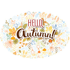 Hand drawn doodle and watercolored background autumn theme