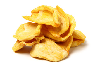 Close up of a pile of dried jackfruit chips isolated on white background