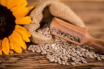 Sunflower flower and sunflower seeds in a sack. Sunflower oil products on a wooden table