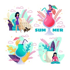 Summer Vacation, Rest, Cocktail Party Vector Set