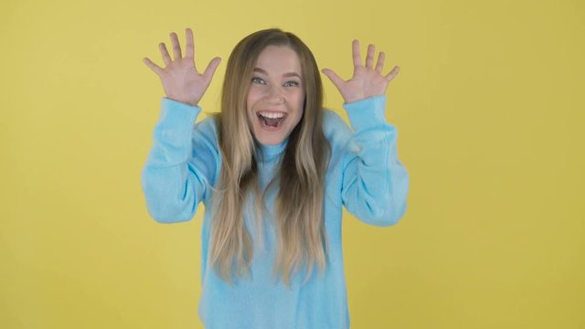 peek a boo. girl covered her eyes face with her hands hide-and-seek waiting for lifestyle a surprise. slow motion video. teen girl playing bo-peep. childhood concept game hy - spy 4K