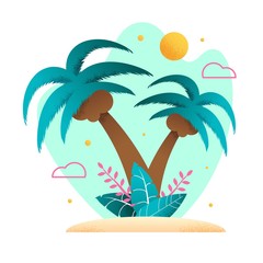 Coconut Palms on Tropical Sand Beach Flat Cartoon