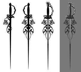 elegant epee sword blade with rose flowers - heraldic style weapon vector design set