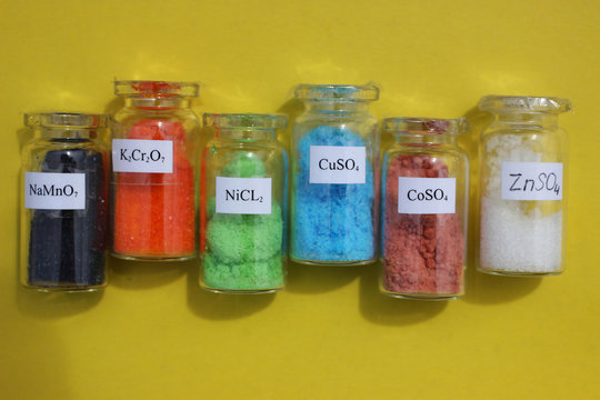 Chemically Pure Reagents For Inorganic Chemistry: Black Sodium Permanganate, Orange Potassium Dichromate, Green Nickel Chloride, Blue Copper Sulfate, Red Cobalt Sulfate, White Zinc Sulfate.