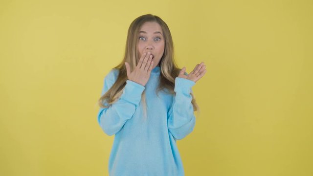 Surprised girl face. Close up of shocked woman face expression. Wow woman emotion on white background. Amazed model face. Shock girl face expression 4K