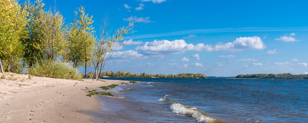 Panoramic autumn landscape - the sandy shore of the bay with trees and a soft wave in the foreground and the sky with white clouds in the background
