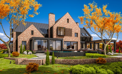 3d rendering of modern cozy clinker house on the ponds with garage and pool for sale or rent with beautiful landscaping on background. Clear sunny autumn day with golden leafs anywhere.