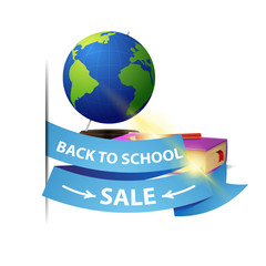 Back to school sale, isolated web banner with ribbon, globe and school textbooks