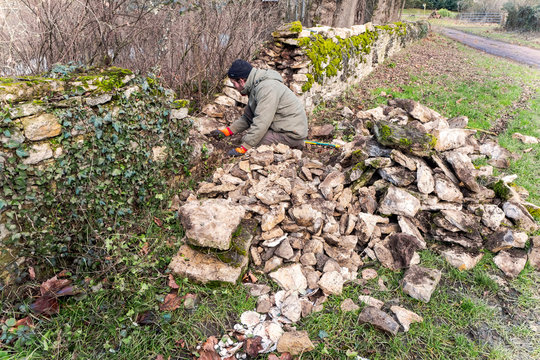 Europe, France, Burgundy, Cote-d'Or, Bard les Epoisses, man fixing a stone wall