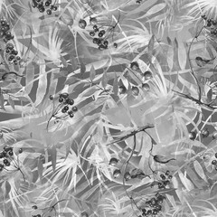 Tropical leaves. Watercolor leaves of a tree, palms, bamboo, nettle, abstract splash. Watercolor abstract seamless background, pattern, spot, splash of paint, branch with berry, color. Tropic pattern.