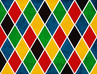 Vintage looking colorful pattern made with Harlequin rhombuses overlaid with grungy elements and scratches