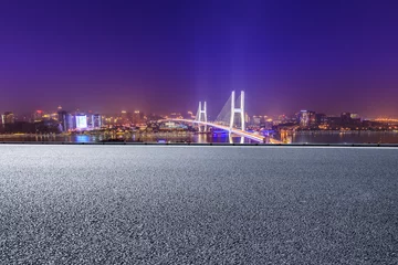 Store enrouleur Pont de Nanpu Empty road and Nanpu bridge at night in Shanghai,China