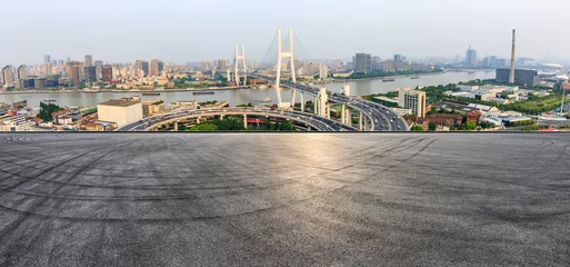 Papier Peint photo Pont de Nanpu Empty asphalt road and Nanpu bridge in Shanghai,China