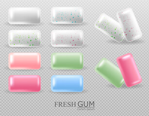 Chewing gum set Vector realistic. Tablets on transparent background. Strawberry Fruit and mint flavor. 3d illustrations
