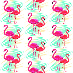 Seamless vector pattern, banner with flamingo, tropical leaves exotic flower design for flyer, invitation, poster, website or greeting card. Flat style, vector illustration