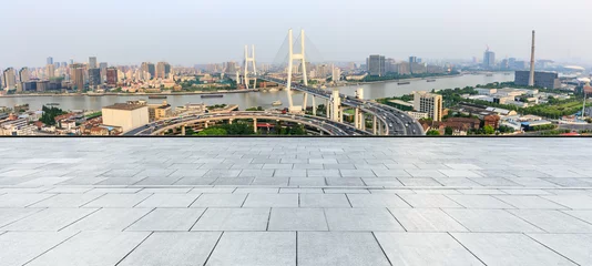 Papier Peint photo autocollant Pont de Nanpu Empty square floor and bridge buildings in Shanghai,China