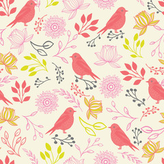 Vector line art birds and flowers seamless pattern