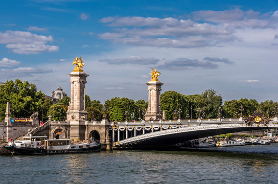 France, 8th arrondissement of Paris, Pont Alexandre III over the Seine river and barges
