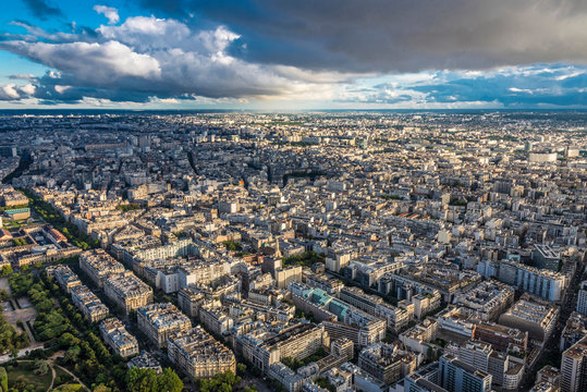 France, 15th arrondissement of Paris, view from the Eiffel Tower toward the south periphery (eglise Saint Leon and green-roof Jeanne Manuel-Dupleix school)