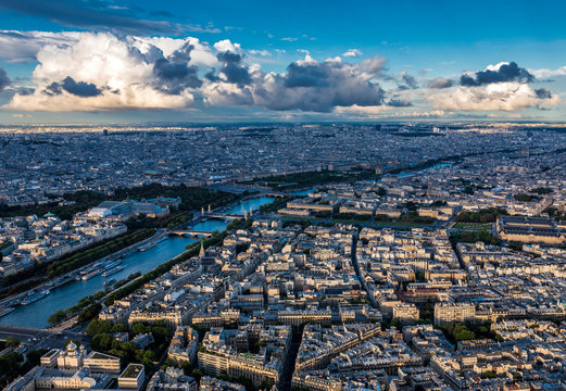 France, 7th arrondissement of Paris, view from the Eiffel Tower to the north-east (esplanade des Invalides, Seine river, American Church in Paris)