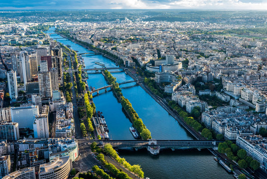France, 15th and 16th arrondissements of Paris, view from the Eiffel Tower (Seine river, île aux Cygnes, pont de Bir-Hakeim, Maison de la Radio)