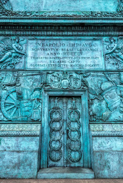 France, 1st arrondissement of Paris, place Vendome, bas-reliefs and dedicatory inscription of the base of the colonne d'Austerlitz