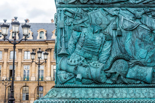 France, 1st arrondissement of Paris, building on the place Vendome and bas-reliefs of the base of the colonne d'Austerlitz