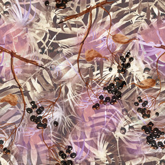 Tropical leaves. Watercolor leaves of a tree, palms, bamboo, nettle, abstract splash. Watercolor abstract seamless background, pattern, spot, splash of paint, branch with berry, color. Tropic pattern.