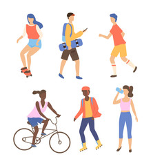 Woman character driving by bicycle and skateboard, people drinking and running on roller skating, full length view of going man, healthy activity vector