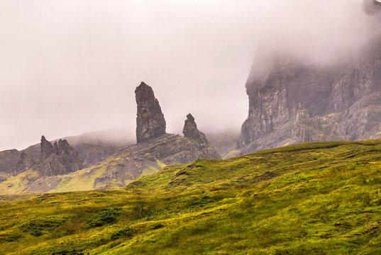 Europe, Great Britain, Scotland, Hebrides, Isle of Skye, Trotternish peninsula, boulders including the "Old Man of Storr"