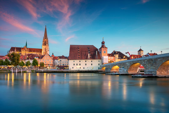 Regensburg, Germany. Cityscape image of Regensburg, Germany during twilight blue hour.
